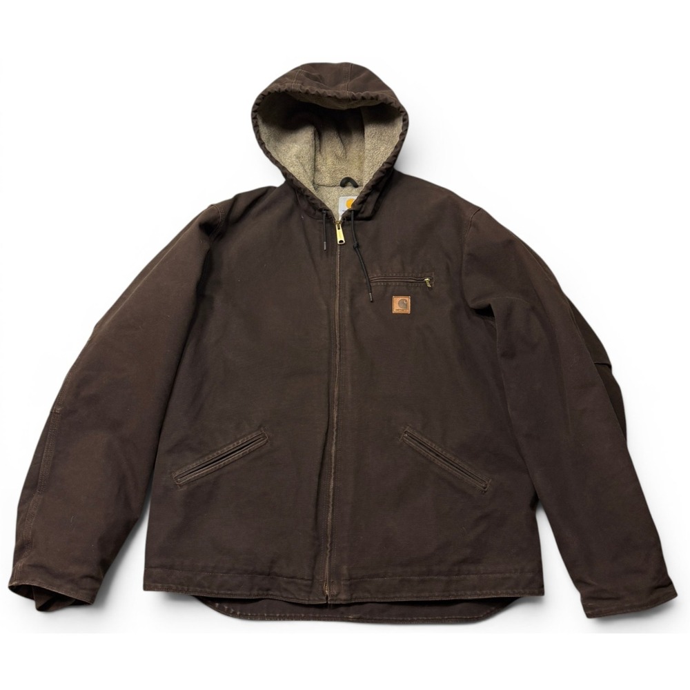 Vintage Mens Carhartt Hooded Canvas Jacket Sherpa Lined Dark Brown Large XL Tall